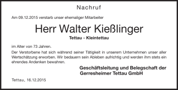 Traueranzeige von Walter Kießlinger von Neue Presse Coburg