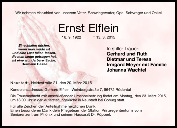 Traueranzeige von Ernst Elflein von Neue Presse Coburg