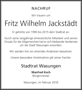 Traueranzeige von Fritz Wilhelm Jackstädt von Südthüringer Presse