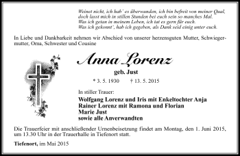 Traueranzeige von Anna Lorenz von Südthüringer Presse