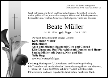Traueranzeige von Beate Müller von Neue Presse Coburg