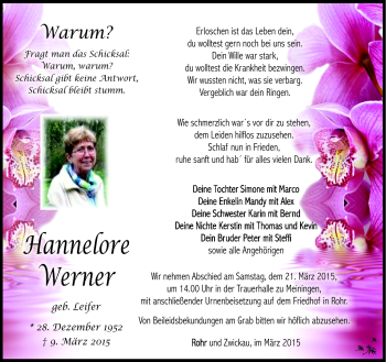 Traueranzeige von Hannelore Werner von Südthüringer Presse