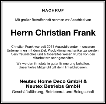 Traueranzeige von Christian Frank von Frankenpost