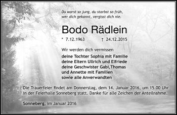 Traueranzeige von Bodo Rädlein von Südthüringer Presse