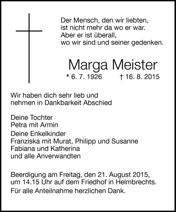 Traueranzeige von Marga Meister von Frankenpost
