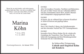 Traueranzeige von Marina Köhn von Neue Presse Coburg