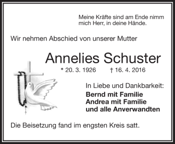 Traueranzeige von Annelies Schuster von Frankenpost