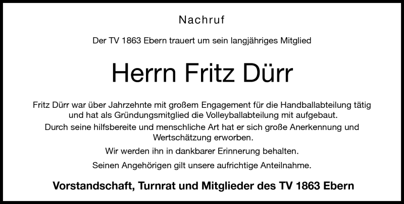  Traueranzeige für Fritz Dürr vom 09.09.2015 aus Neue Presse Coburg