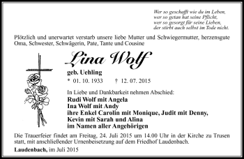 Traueranzeige von Lina Wolf von Südthüringer Presse