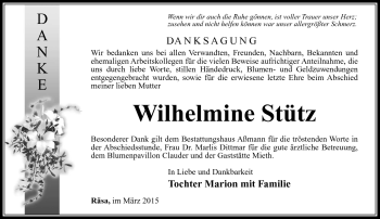 Traueranzeige von Wilhelmine Stütz von Südthüringer Presse