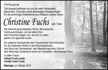 Traueranzeige von Christine Fuchs von Südthüringer Presse