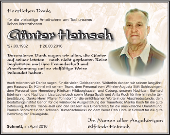 Traueranzeige von Günter Heinsch von Südthüringer Presse