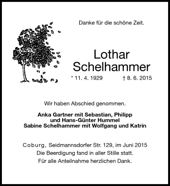 Traueranzeige von Lothar Schelhammer von Neue Presse Coburg
