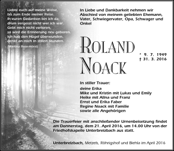 Traueranzeige von Roland Noack von Südthüringer Presse
