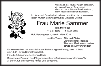 Traueranzeige von Marie Sammer von Frankenpost