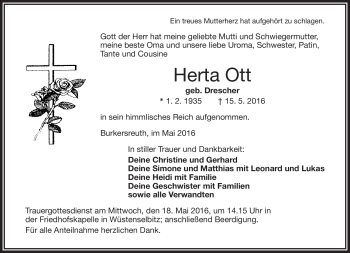 Traueranzeige von Herta Ott von Frankenpost
