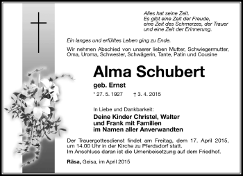 Traueranzeige von Alma Schubert von Südthüringer Presse