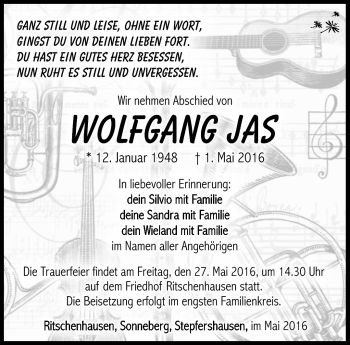 Traueranzeige von Wolfgang Jas von Südthüringer Presse