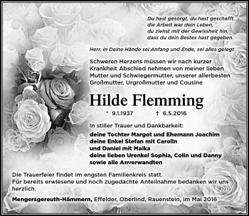 Traueranzeige von Hilde Flemming von Südthüringer Presse