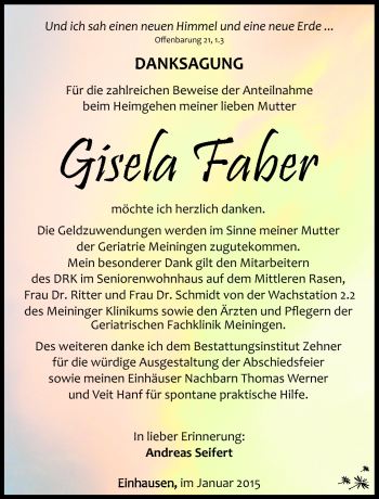 Traueranzeige von Gisela Faber von Südthüringer Presse