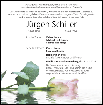 Traueranzeige von Jürgen Schiller von Neue Presse Coburg