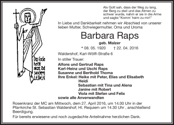 Traueranzeige von Barbara Raps von Frankenpost