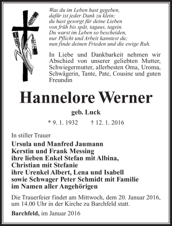 Traueranzeige von Hannelore Werner von Südthüringer Presse