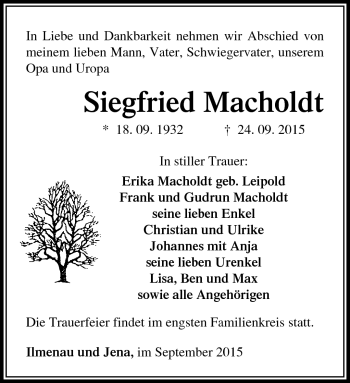 Traueranzeige von Siegfried Machold von Südthüringer Presse