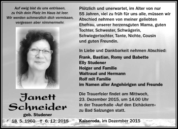 Traueranzeige von janett Schneider von Südthüringer Presse