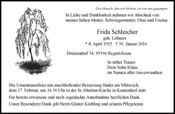 Traueranzeige von Frida Schleicher von Frankenpost