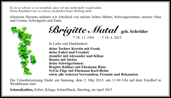 Traueranzeige von Brigitte Matal von Südthüringer Presse