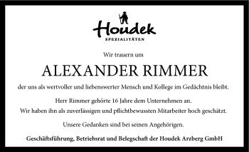 Traueranzeige von Alexander Rimmer von Frankenpost