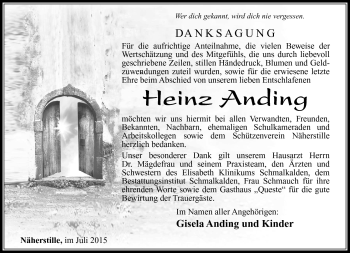 Traueranzeige von Heinz Anding von Südthüringer Presse