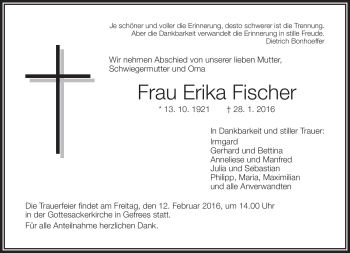 Traueranzeige von Erika Fischer von Frankenpost