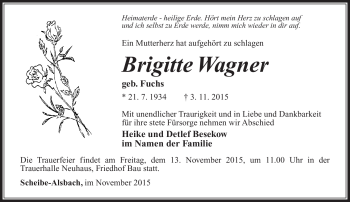 Traueranzeige von Brigitte Wagner von Südthüringer Presse