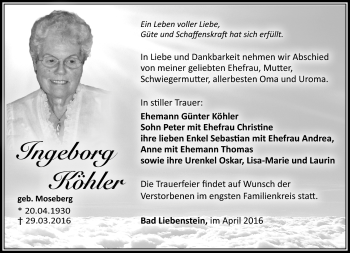 Traueranzeige von Ingeborg Köhler von Südthüringer Presse