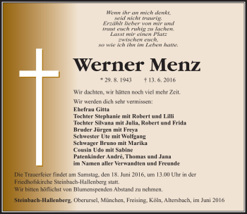 Traueranzeige von Werner Menz von Südthüringer Presse