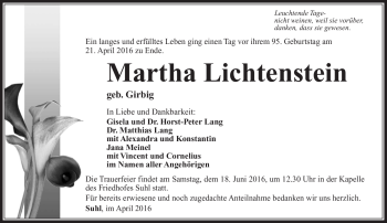 Traueranzeige von Martha Lichtenstein von Südthüringer Presse