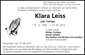 Traueranzeige von Klara Leiss von Neue Presse Coburg