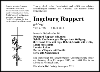 Traueranzeige von Ingeburg Ruppert von Südthüringer Presse