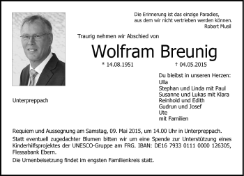Traueranzeige von Wolfram Breunig von Neue Presse Coburg