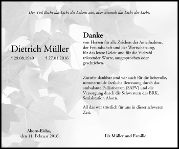 Traueranzeige von Dietrich Müller von Neue Presse Coburg
