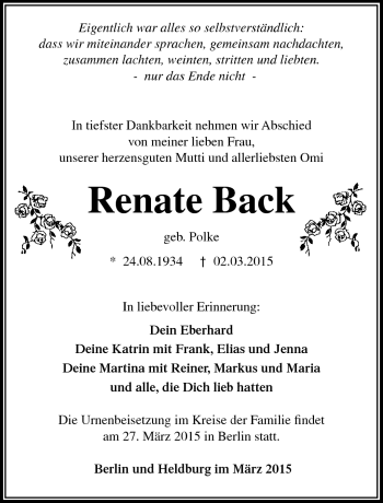 Traueranzeige von Renate Back von Südthüringer Presse