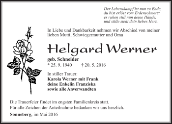 Traueranzeige von Helgard Werner von Südthüringer Presse
