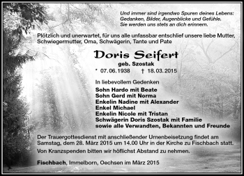 Traueranzeige von Doris Seifert von Südthüringer Presse