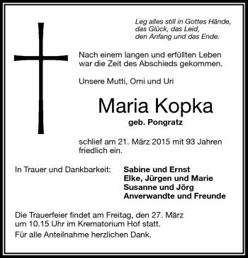 Traueranzeige von maria Kopka von Frankenpost