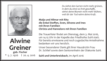 Traueranzeige von Alwine Greiner von Südthüringer Presse
