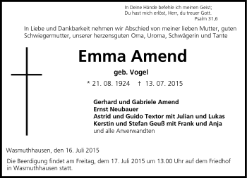 Traueranzeige von Emma Amend von Neue Presse Coburg