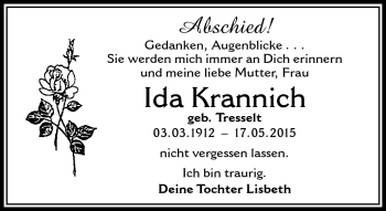 Traueranzeige von Ida Krannich von Südthüringer Presse
