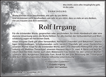 Traueranzeige von Rolf Irrgang von Südthüringer Presse